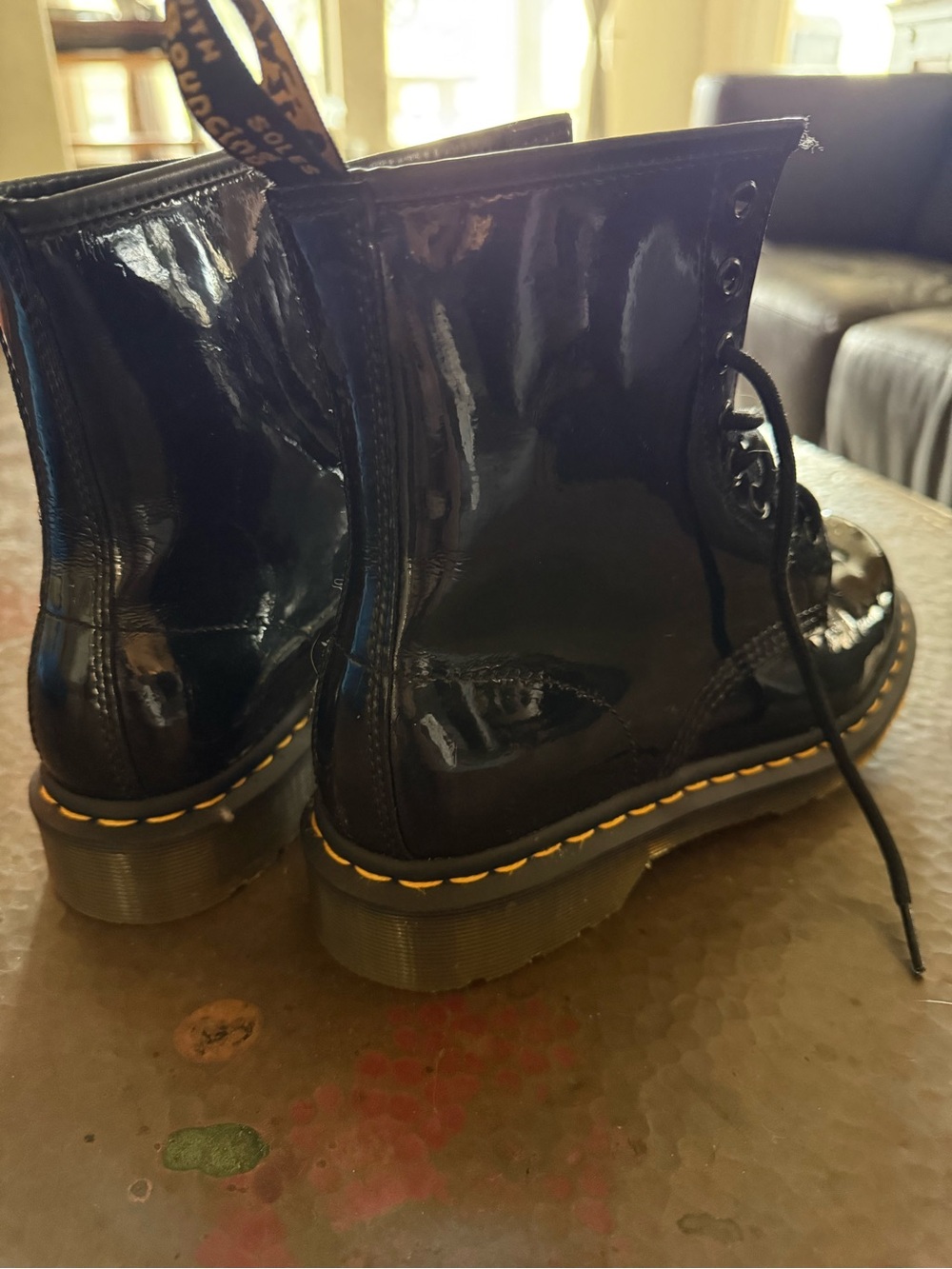 Dr. Martens Patent Black Lace-Up Boots with Yellow Stitching - Picture 5 of 6